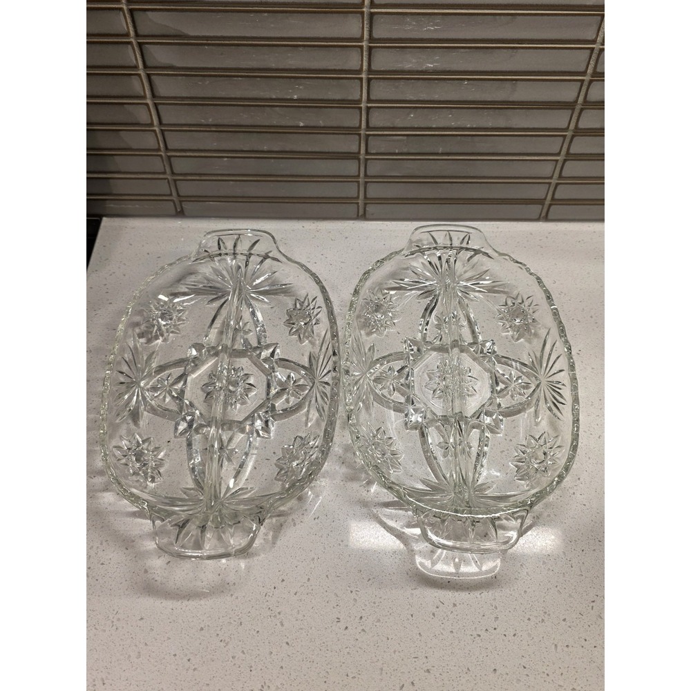 Vintage ANCHOR HOCKING Clear Glass Star Pattern Divided Bowls Dish Lot Of 2